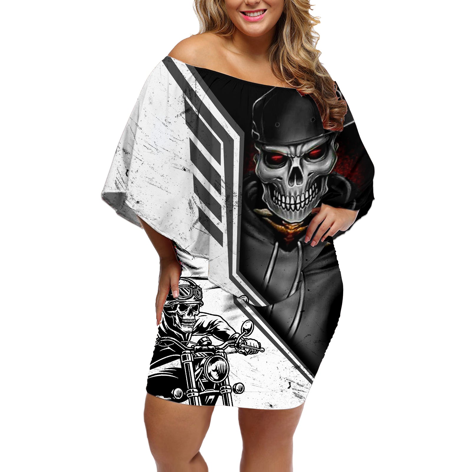 skull-off-shoulder-short-dress-riding-motocycle