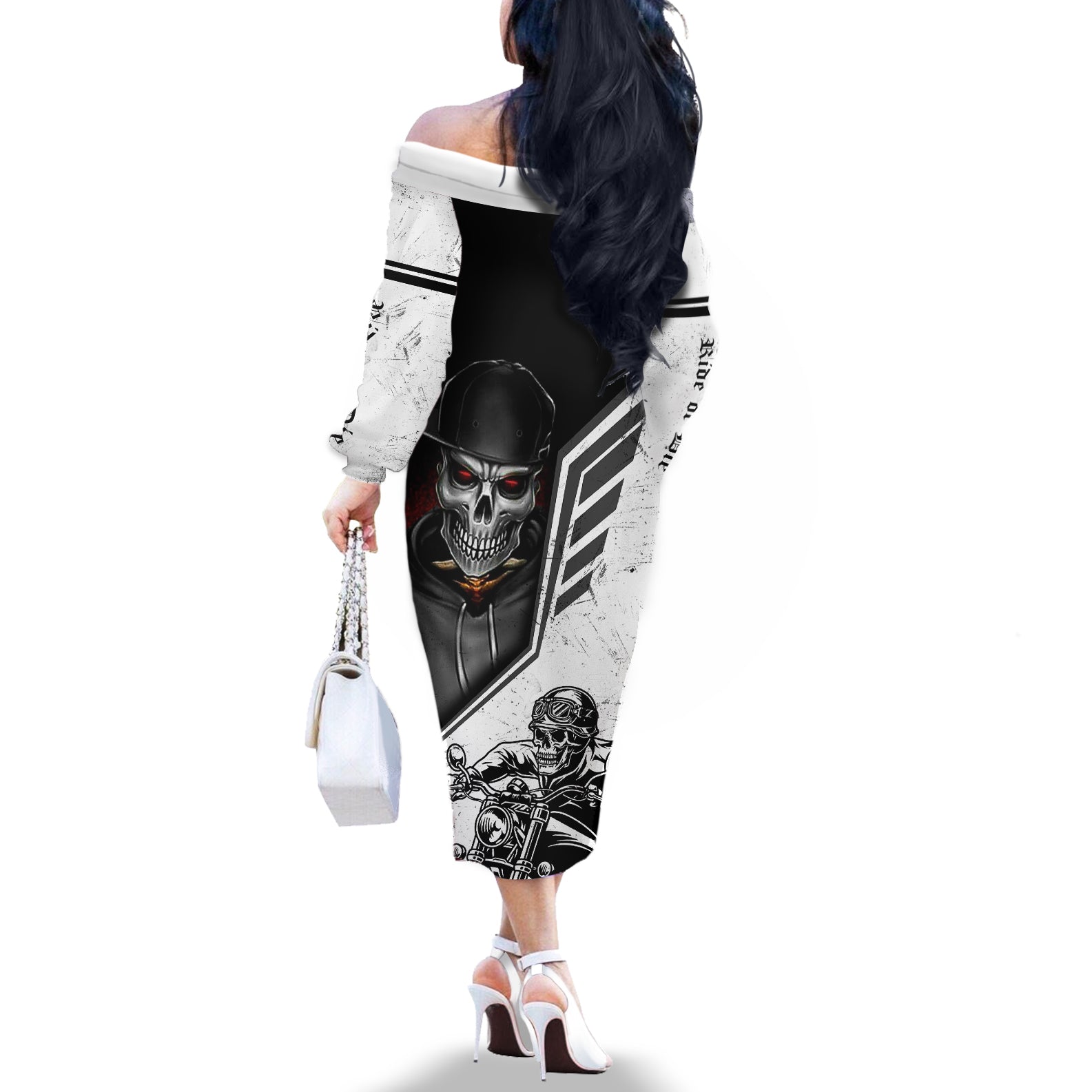 skull-off-the-shoulder-long-sleeve-dress-riding-motocycle