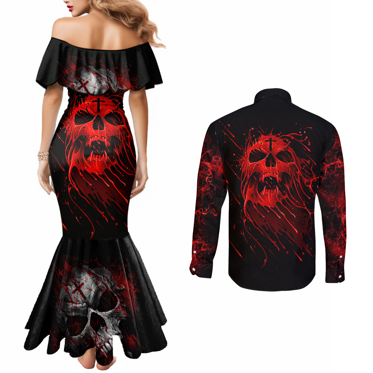 skull-couples-matching-mermaid-dress-and-long-sleeve-button-shirts-bloody-skull-scream