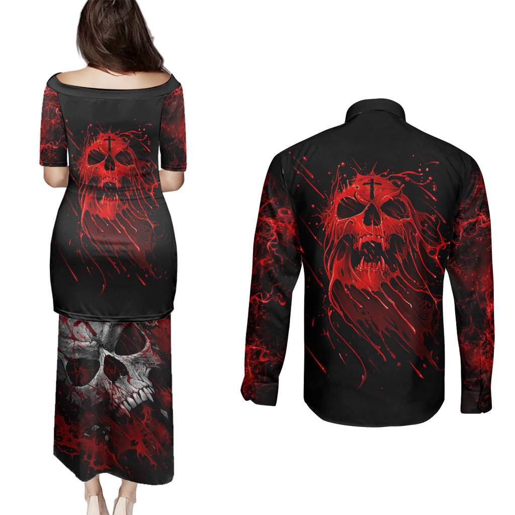 skull-couples-matching-puletasi-dress-and-long-sleeve-button-shirts-bloody-skull-scream