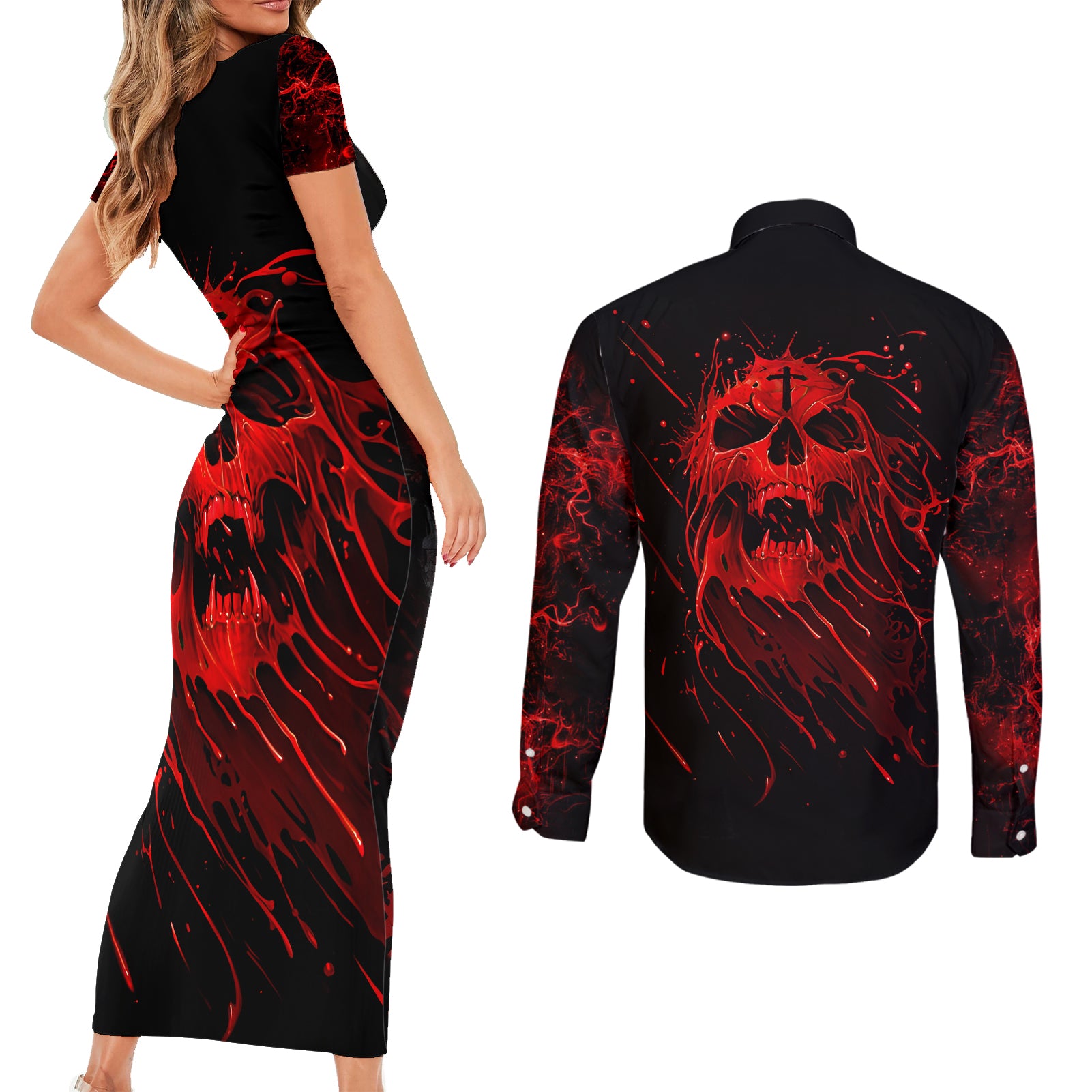 skull-couples-matching-short-sleeve-bodycon-dress-and-long-sleeve-button-shirts-bloody-skull-scream