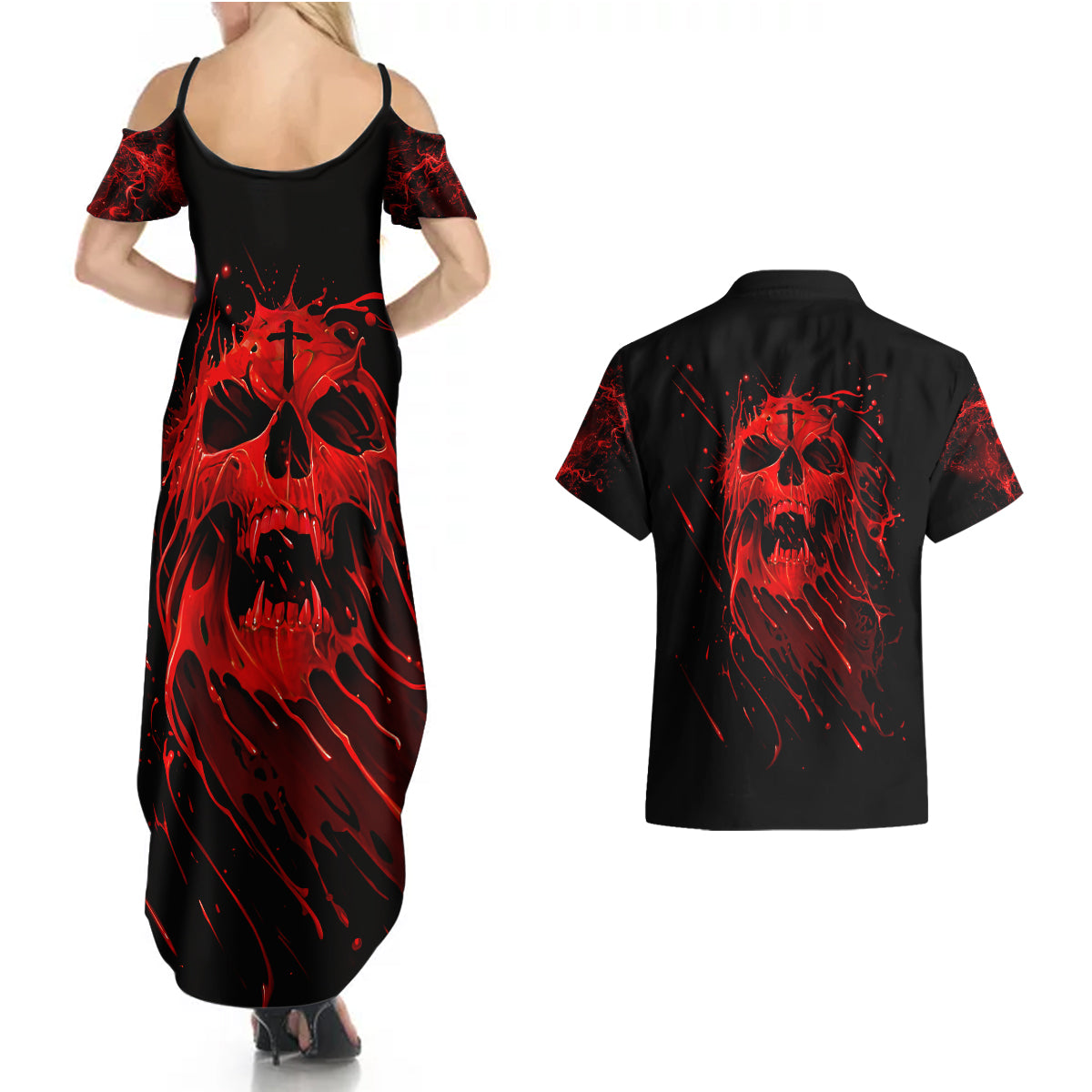 skull-couples-matching-summer-maxi-dress-and-hawaiian-shirt-bloody-skull-scream