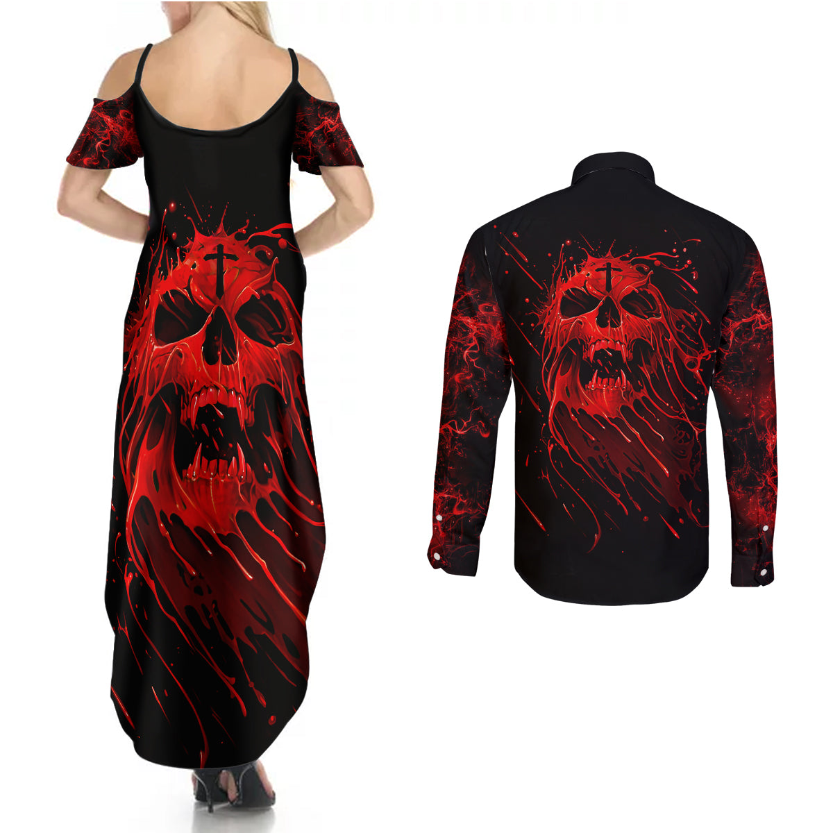skull-couples-matching-summer-maxi-dress-and-long-sleeve-button-shirts-bloody-skull-scream
