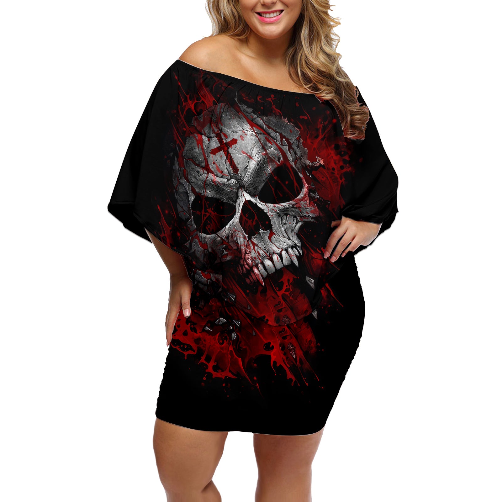 skull-off-shoulder-short-dress-bloody-skull-scream