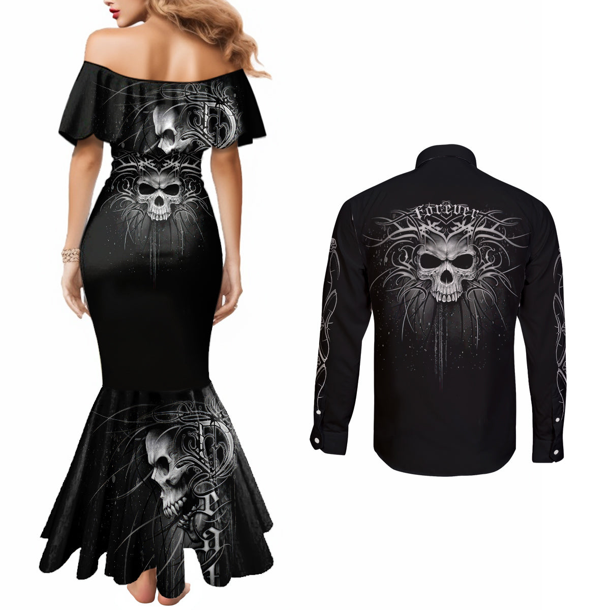 skull-couples-matching-mermaid-dress-and-long-sleeve-button-shirts-skull-death-forever