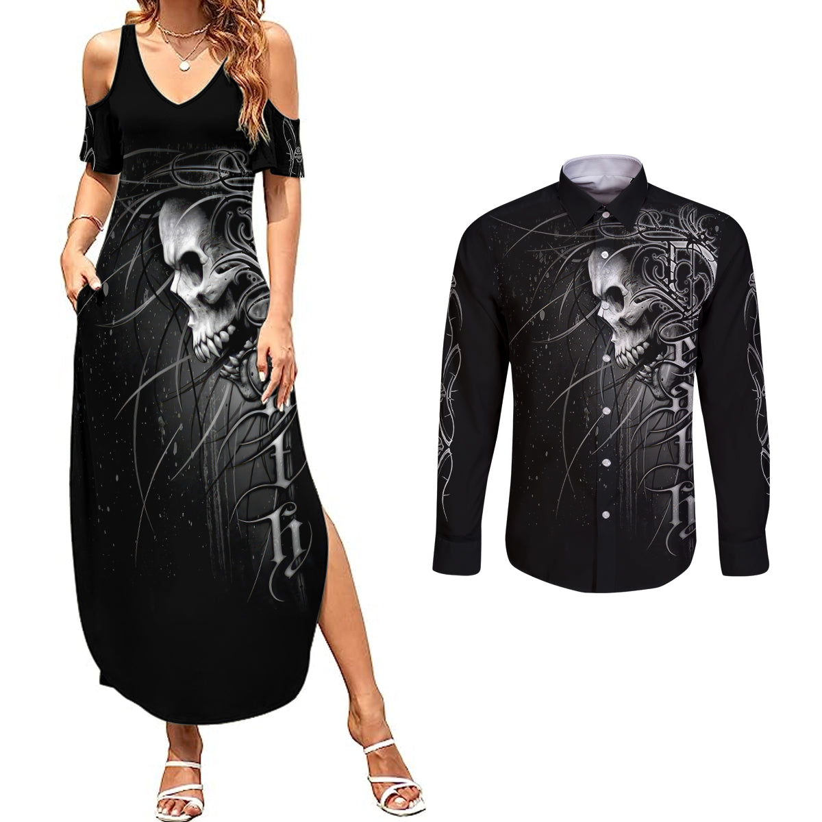 skull-couples-matching-summer-maxi-dress-and-long-sleeve-button-shirts-skull-death-forever