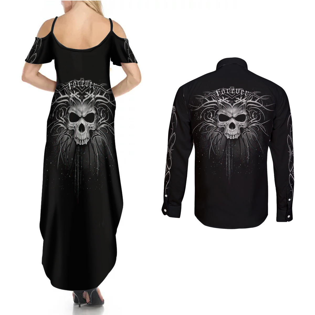 skull-couples-matching-summer-maxi-dress-and-long-sleeve-button-shirts-skull-death-forever
