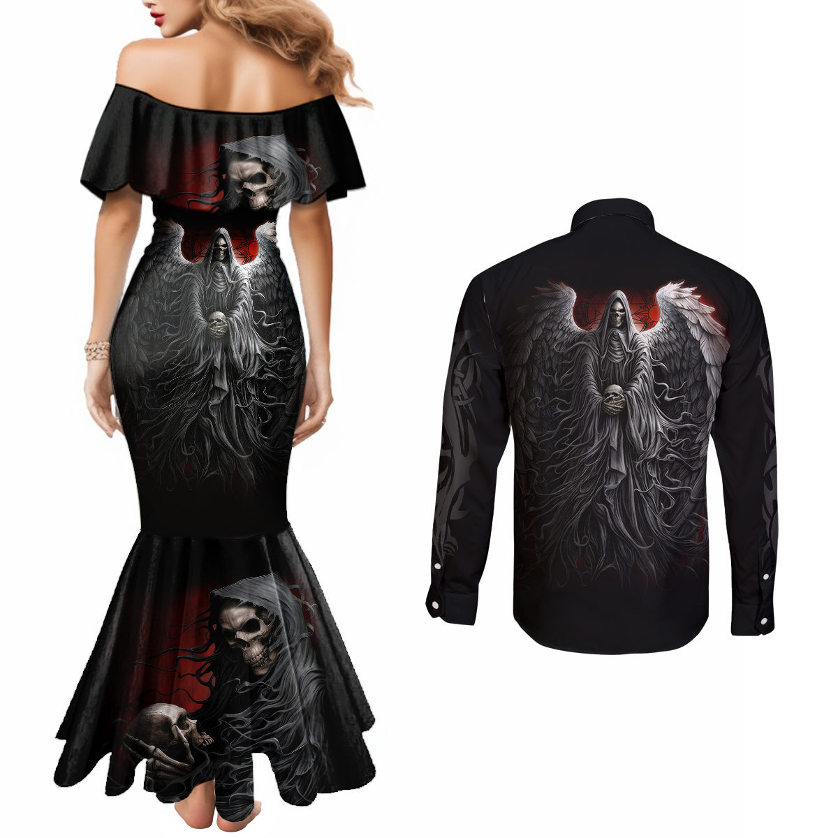 skull-couples-matching-mermaid-dress-and-long-sleeve-button-shirts-death-angel-hold-skull