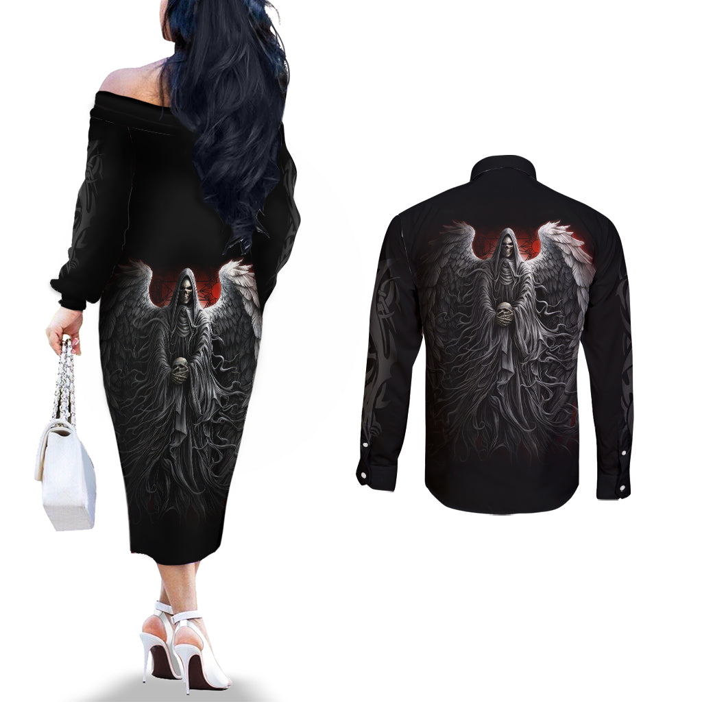 skull-couples-matching-off-the-shoulder-long-sleeve-dress-and-long-sleeve-button-shirts-death-angel-hold-skull