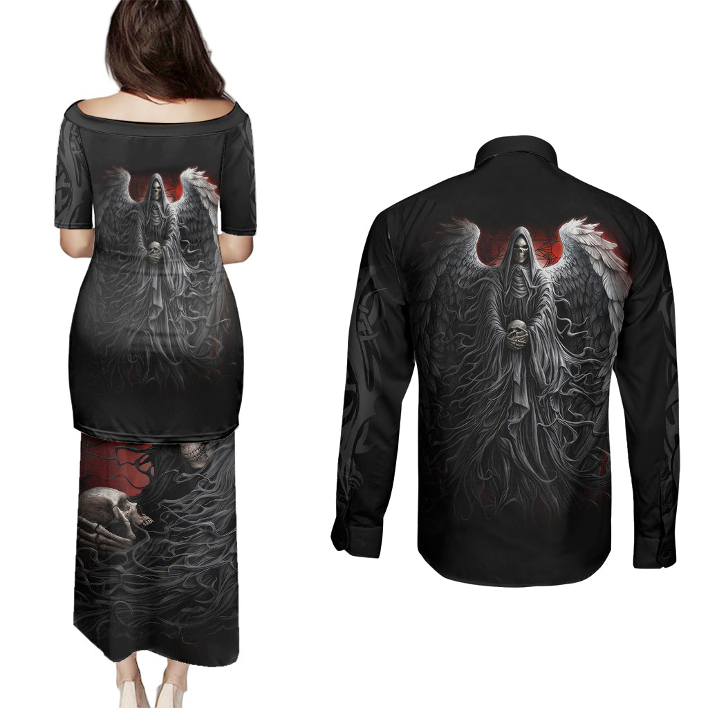 skull-couples-matching-puletasi-dress-and-long-sleeve-button-shirts-death-angel-hold-skull
