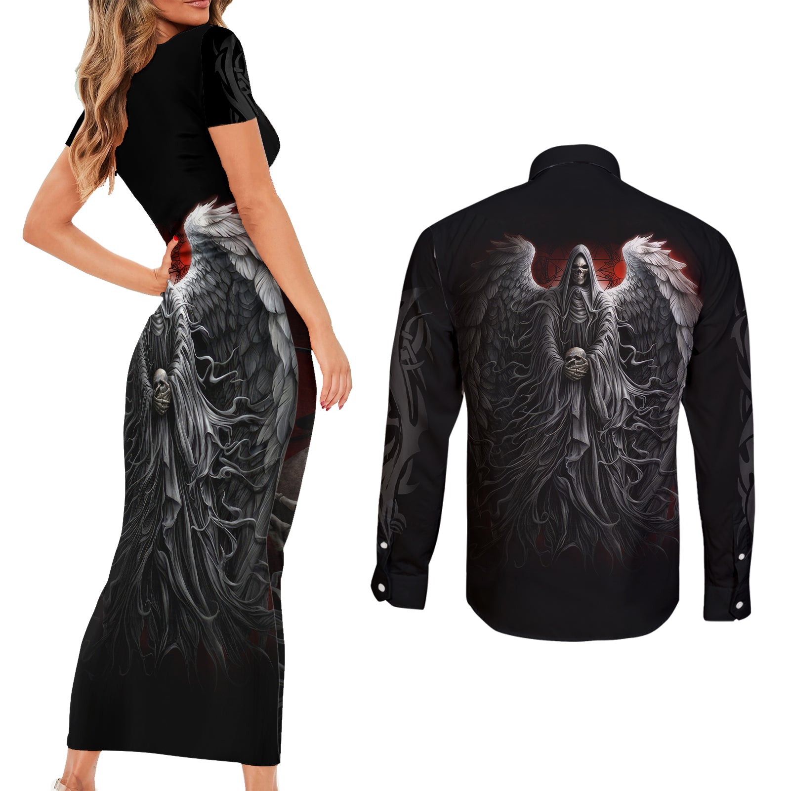 skull-couples-matching-short-sleeve-bodycon-dress-and-long-sleeve-button-shirts-death-angel-hold-skull