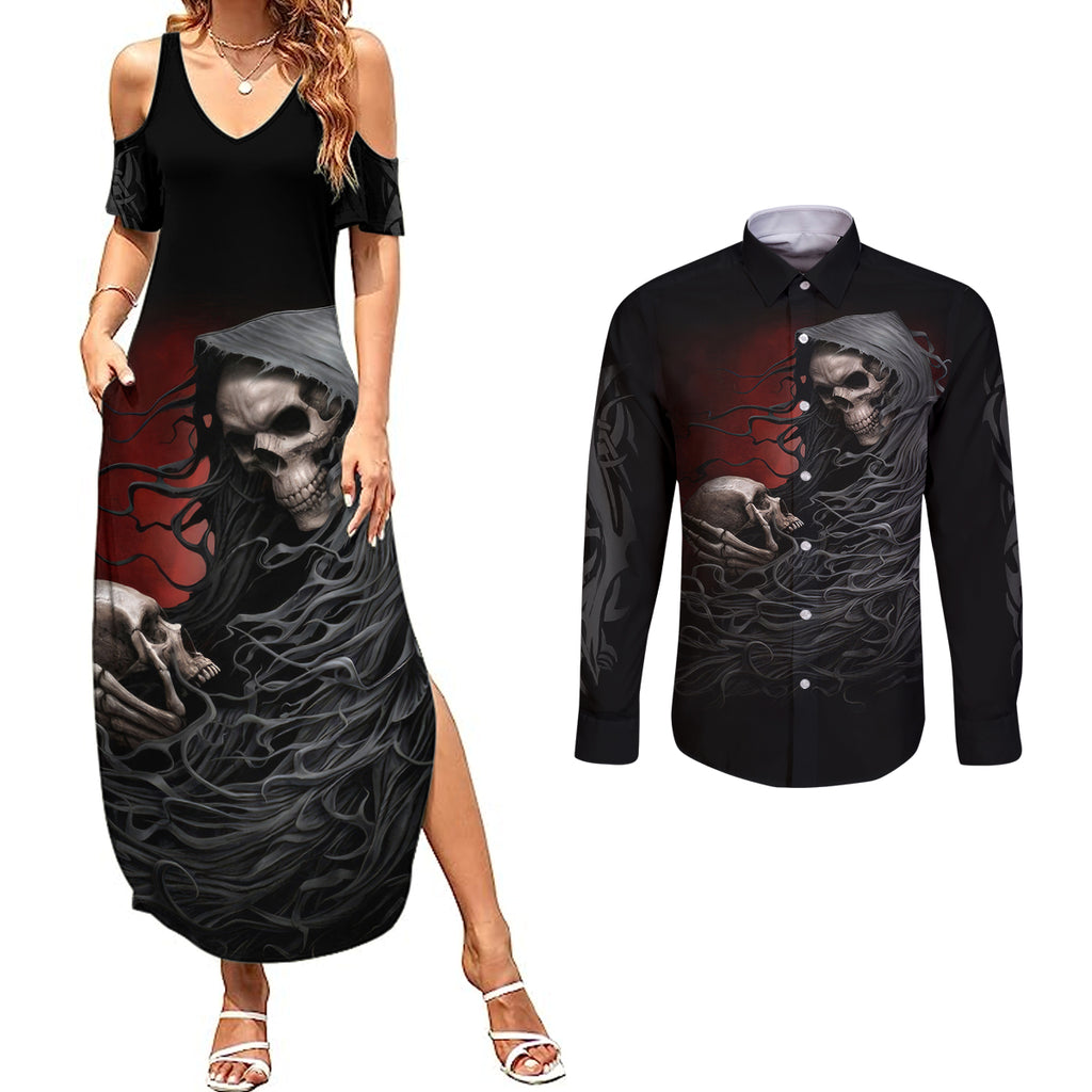 skull-couples-matching-summer-maxi-dress-and-long-sleeve-button-shirts-death-angel-hold-skull