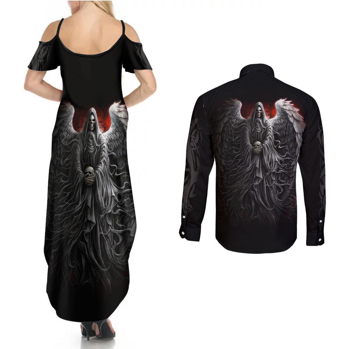 skull-couples-matching-summer-maxi-dress-and-long-sleeve-button-shirts-death-angel-hold-skull