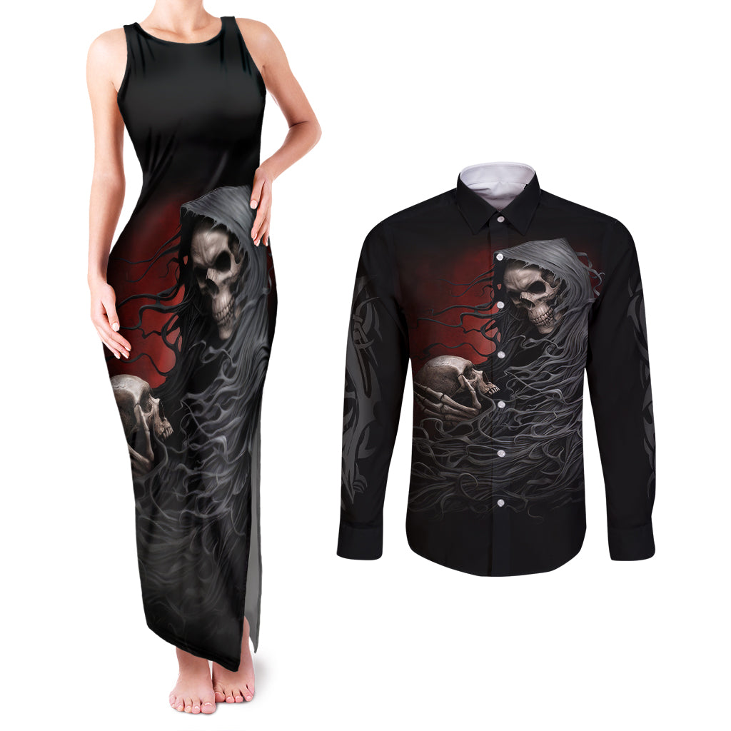 skull-couples-matching-tank-maxi-dress-and-long-sleeve-button-shirts-death-angel-hold-skull