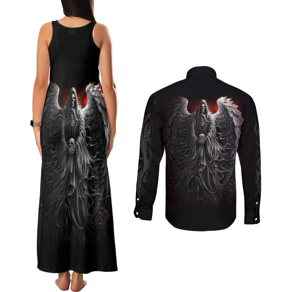skull-couples-matching-tank-maxi-dress-and-long-sleeve-button-shirts-death-angel-hold-skull