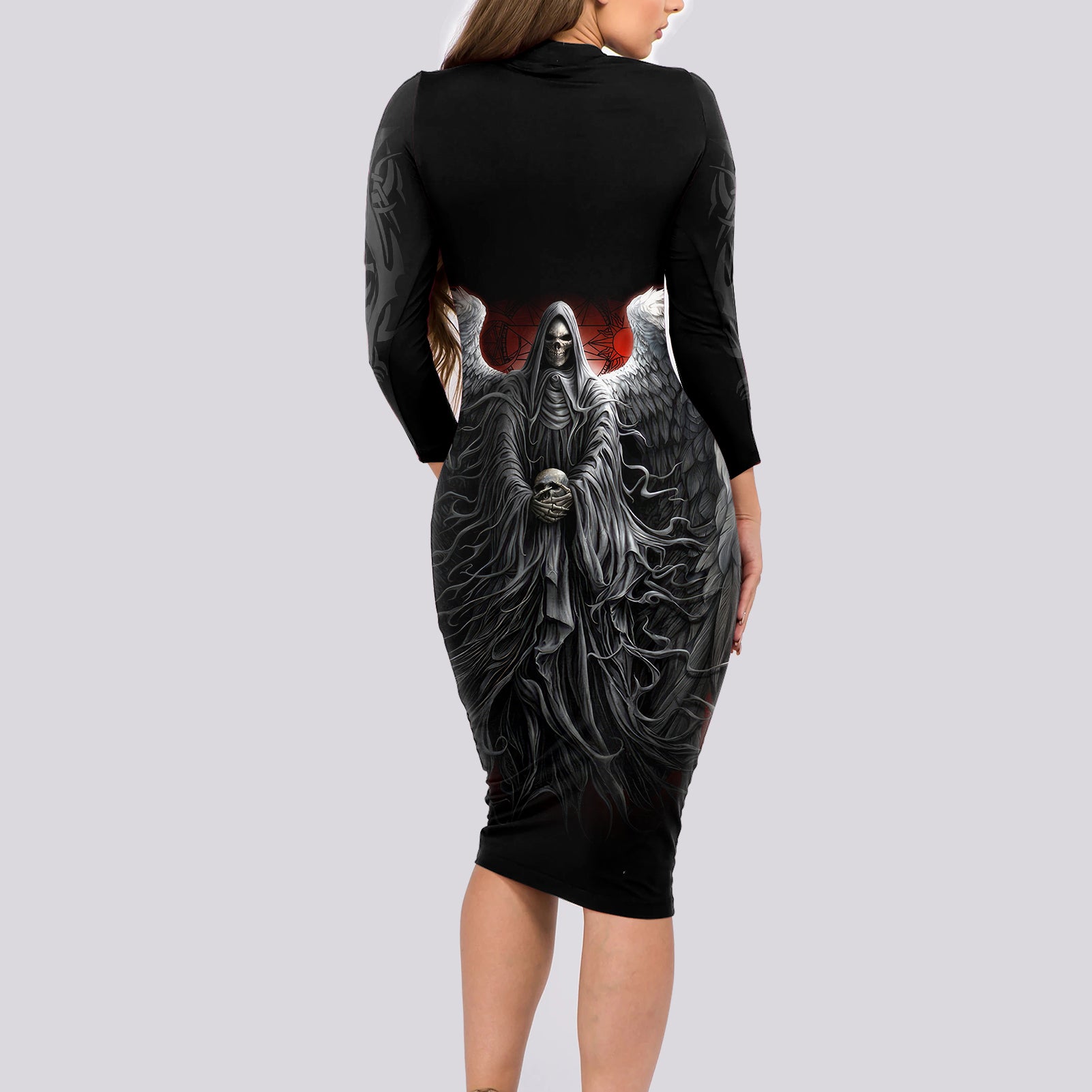 skull-long-sleeve-bodycon-dress-death-angel-hold-skull