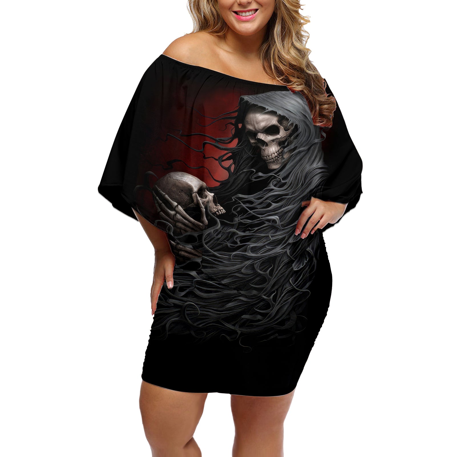 skull-off-shoulder-short-dress-death-angel-hold-skull