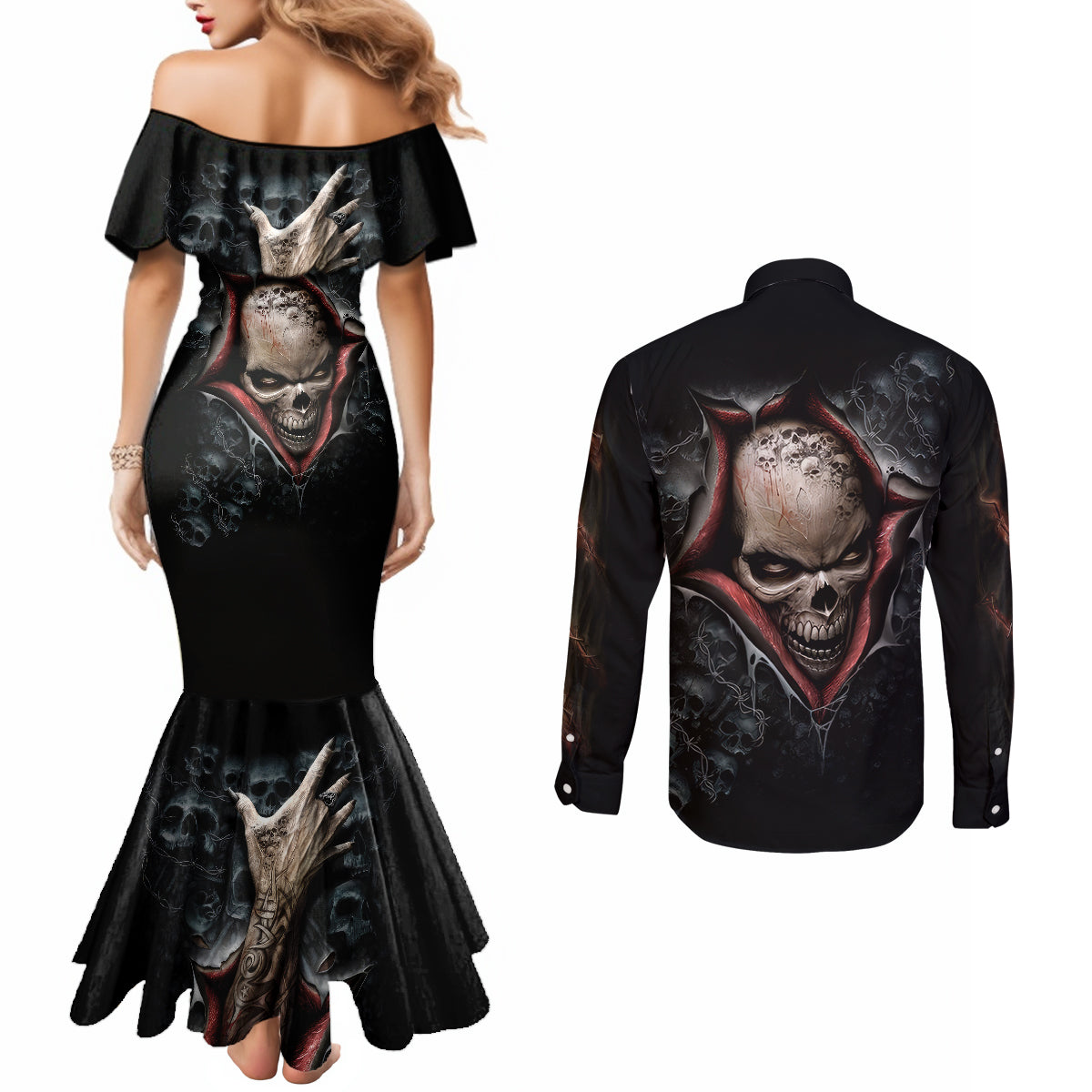 skull-couples-matching-mermaid-dress-and-long-sleeve-button-shirts-skeleton-ripped-inside