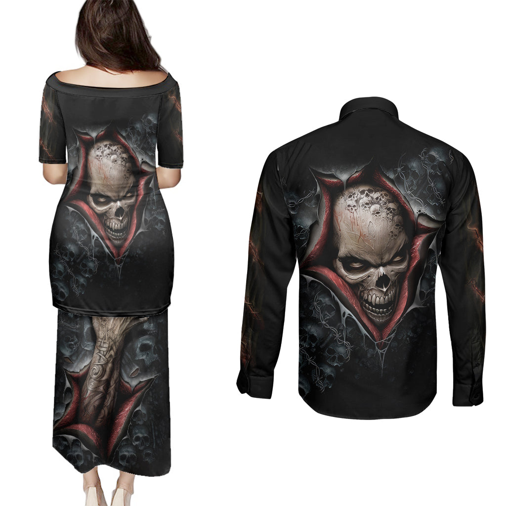skull-couples-matching-puletasi-dress-and-long-sleeve-button-shirts-skeleton-ripped-inside