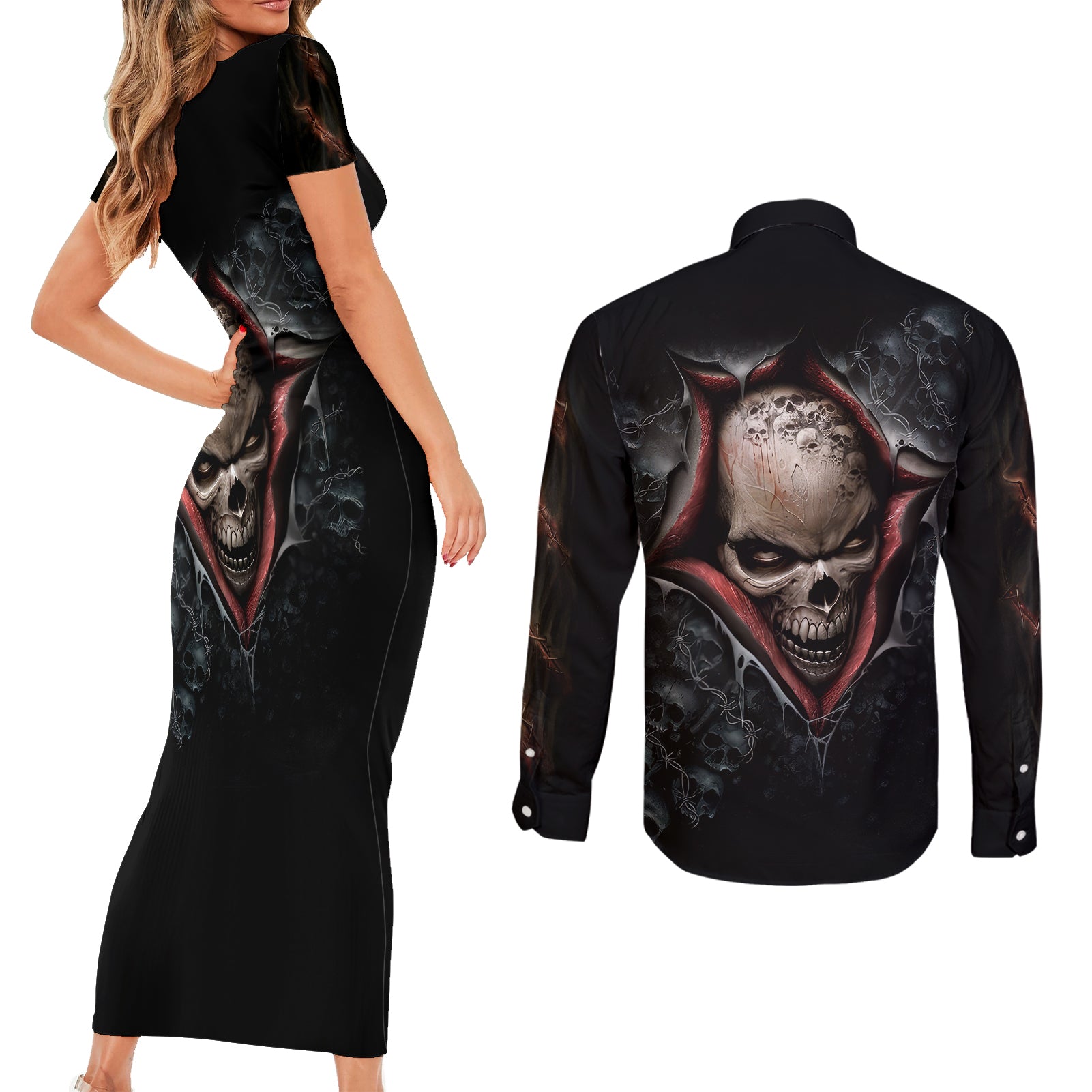 skull-couples-matching-short-sleeve-bodycon-dress-and-long-sleeve-button-shirts-skeleton-ripped-inside
