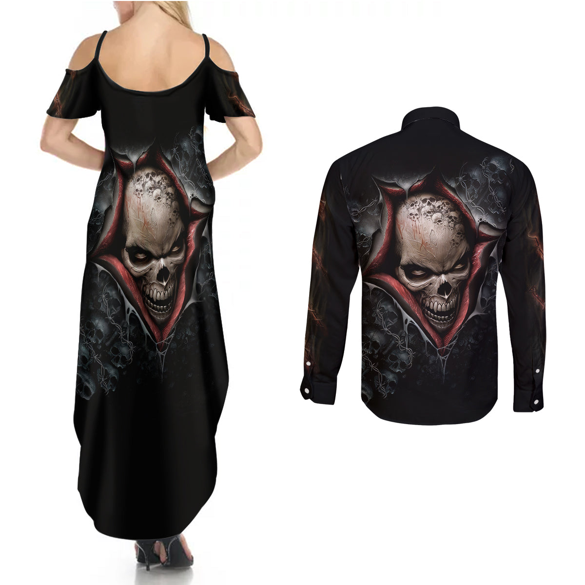 skull-couples-matching-summer-maxi-dress-and-long-sleeve-button-shirts-skeleton-ripped-inside