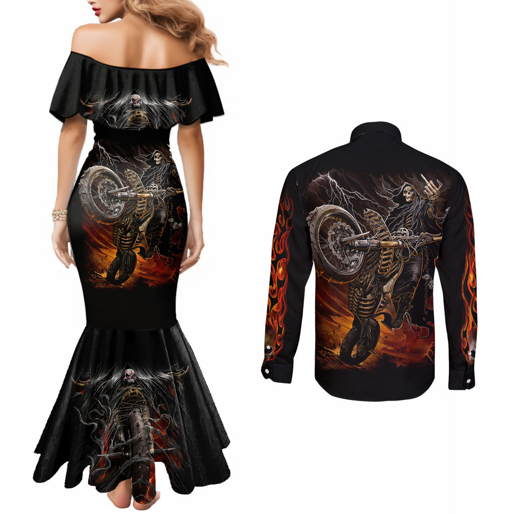 flaming-skull-couples-matching-mermaid-dress-and-long-sleeve-button-shirts-death-angel-riding-motocycle