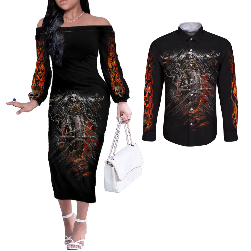 flaming-skull-couples-matching-off-the-shoulder-long-sleeve-dress-and-long-sleeve-button-shirts-death-angel-riding-motocycle