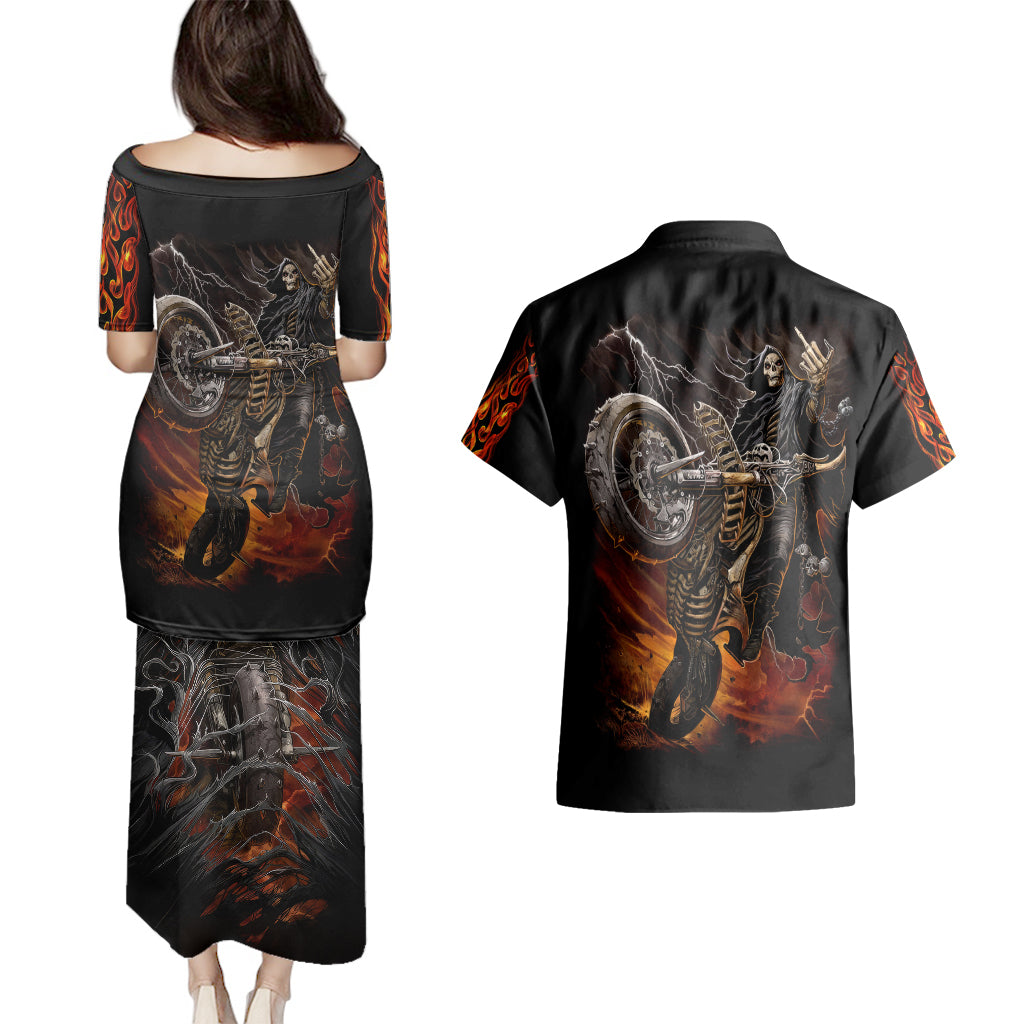 flaming-skull-couples-matching-puletasi-dress-and-hawaiian-shirt-death-angel-riding-motocycle