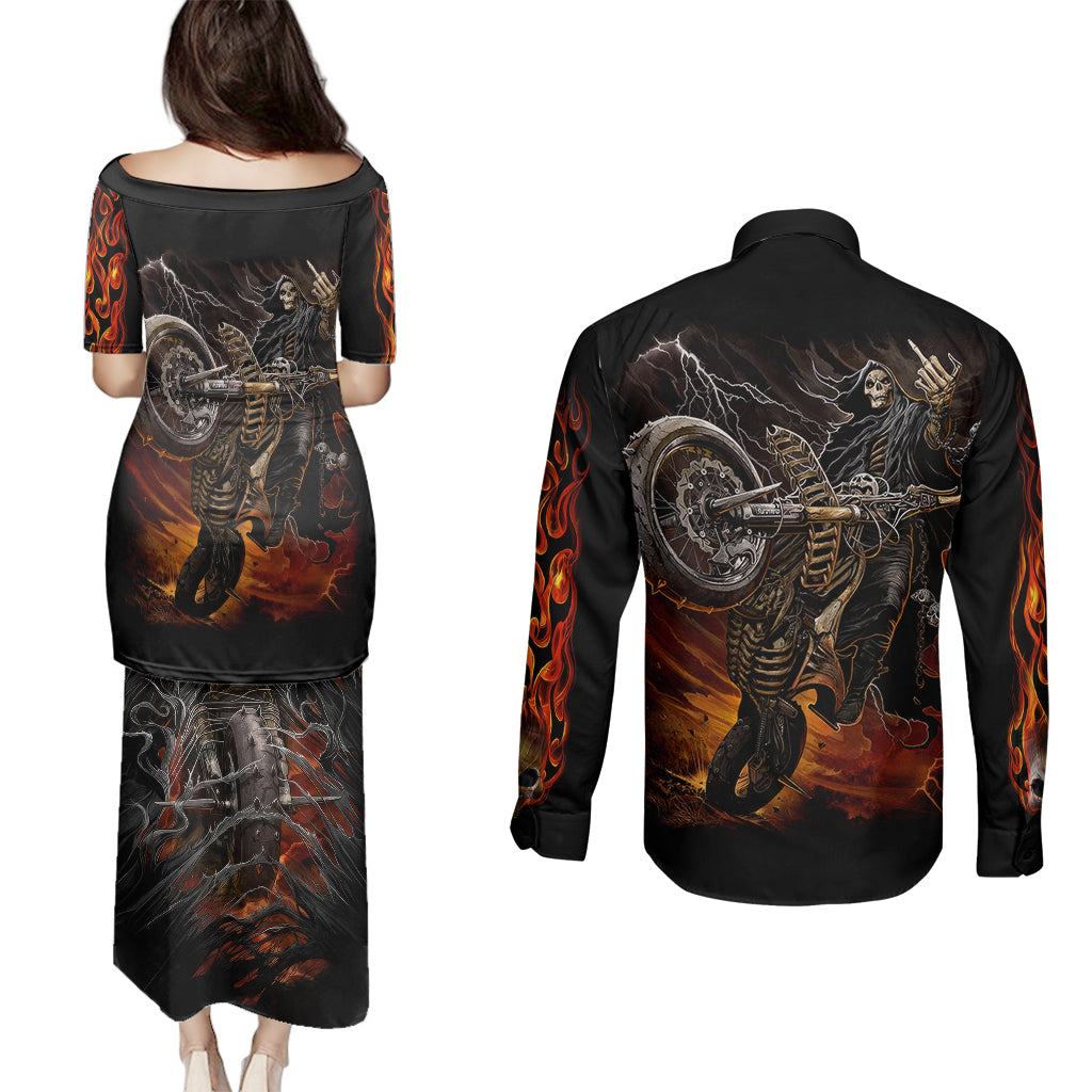 flaming-skull-couples-matching-puletasi-dress-and-long-sleeve-button-shirts-death-angel-riding-motocycle