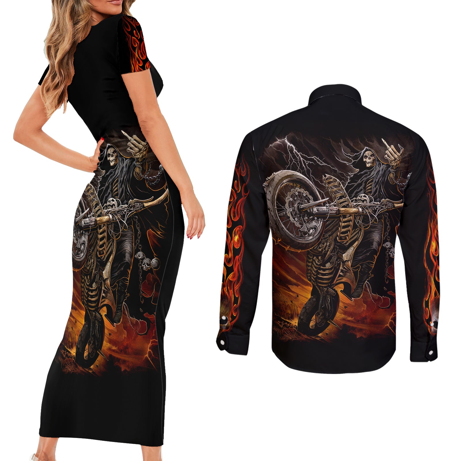 flaming-skull-couples-matching-short-sleeve-bodycon-dress-and-long-sleeve-button-shirts-death-angel-riding-motocycle