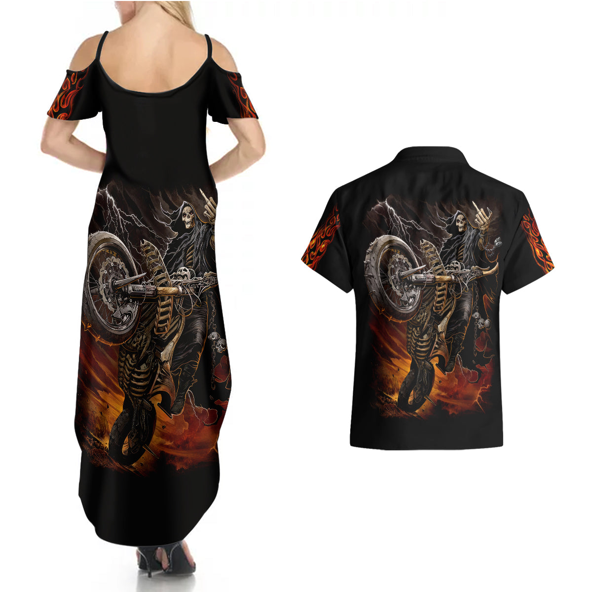 flaming-skull-couples-matching-summer-maxi-dress-and-hawaiian-shirt-death-angel-riding-motocycle