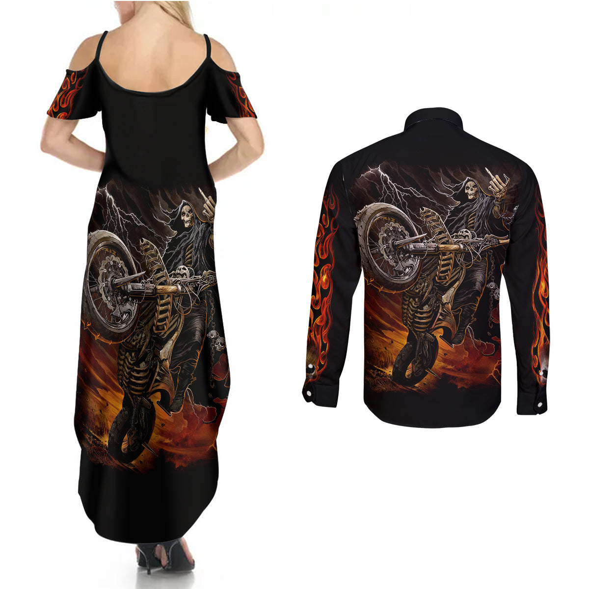 flaming-skull-couples-matching-summer-maxi-dress-and-long-sleeve-button-shirts-death-angel-riding-motocycle