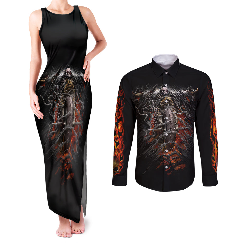 flaming-skull-couples-matching-tank-maxi-dress-and-long-sleeve-button-shirts-death-angel-riding-motocycle