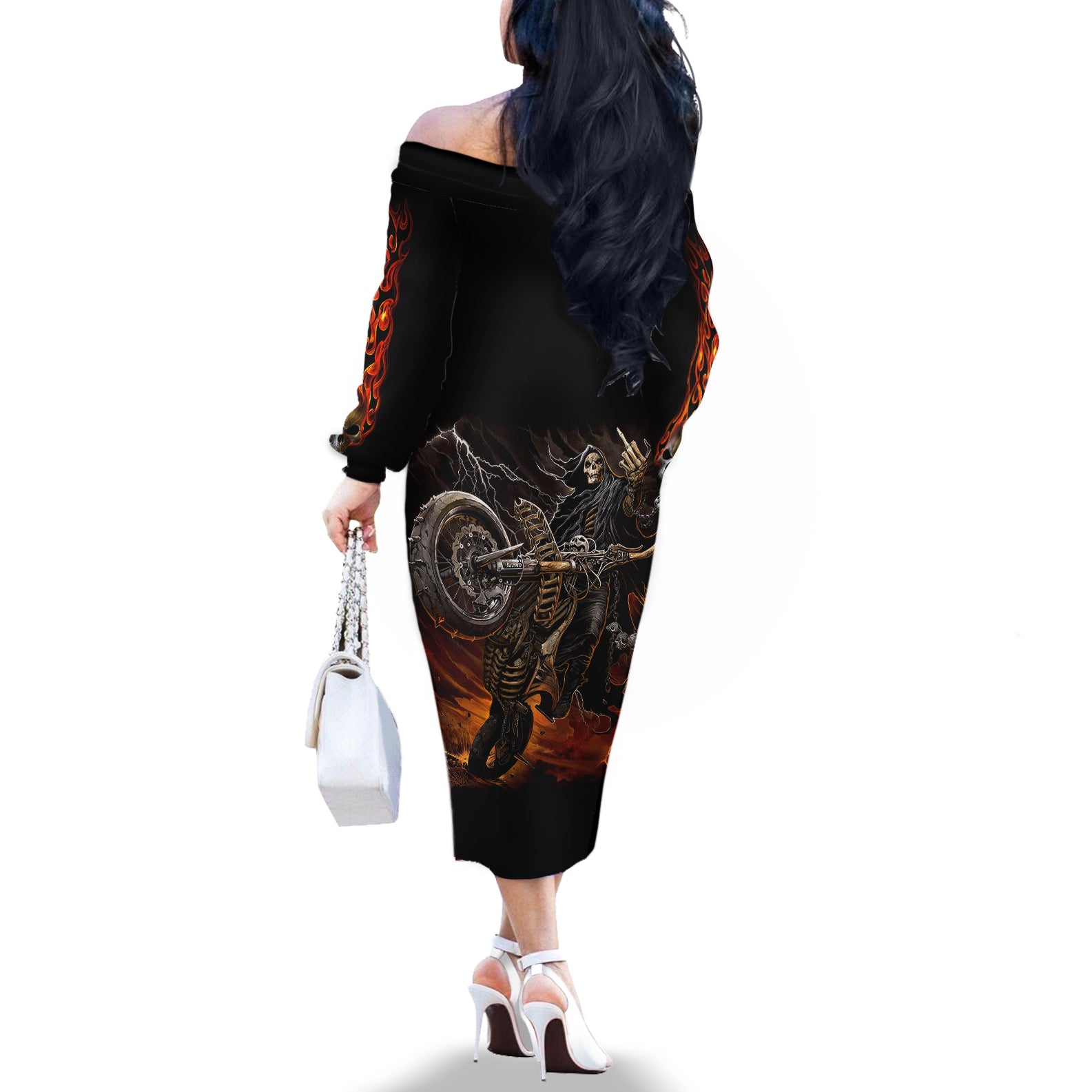 flaming-skull-off-the-shoulder-long-sleeve-dress-death-angel-riding-motocycle