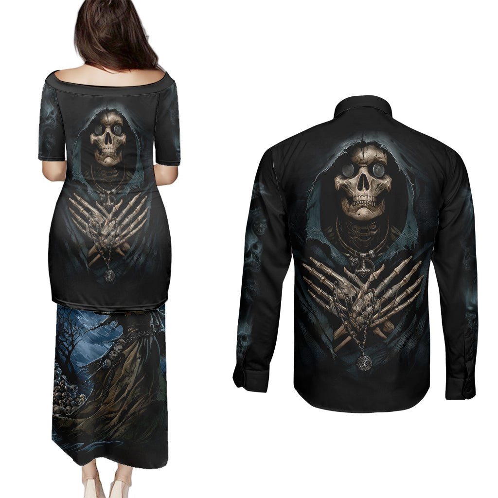 grim-reaper-couples-matching-puletasi-dress-and-long-sleeve-button-shirts-the-ferryman-of-the-underworld-with-charon-skull-black