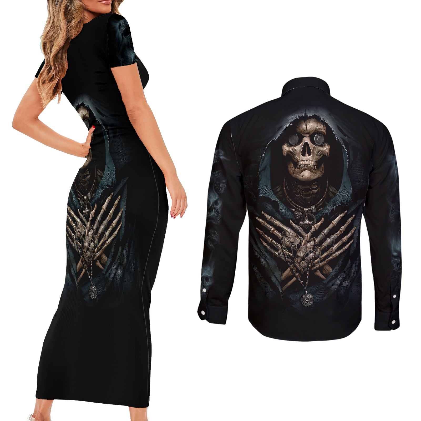 grim-reaper-couples-matching-short-sleeve-bodycon-dress-and-long-sleeve-button-shirts-the-ferryman-of-the-underworld-with-charon-skull-black