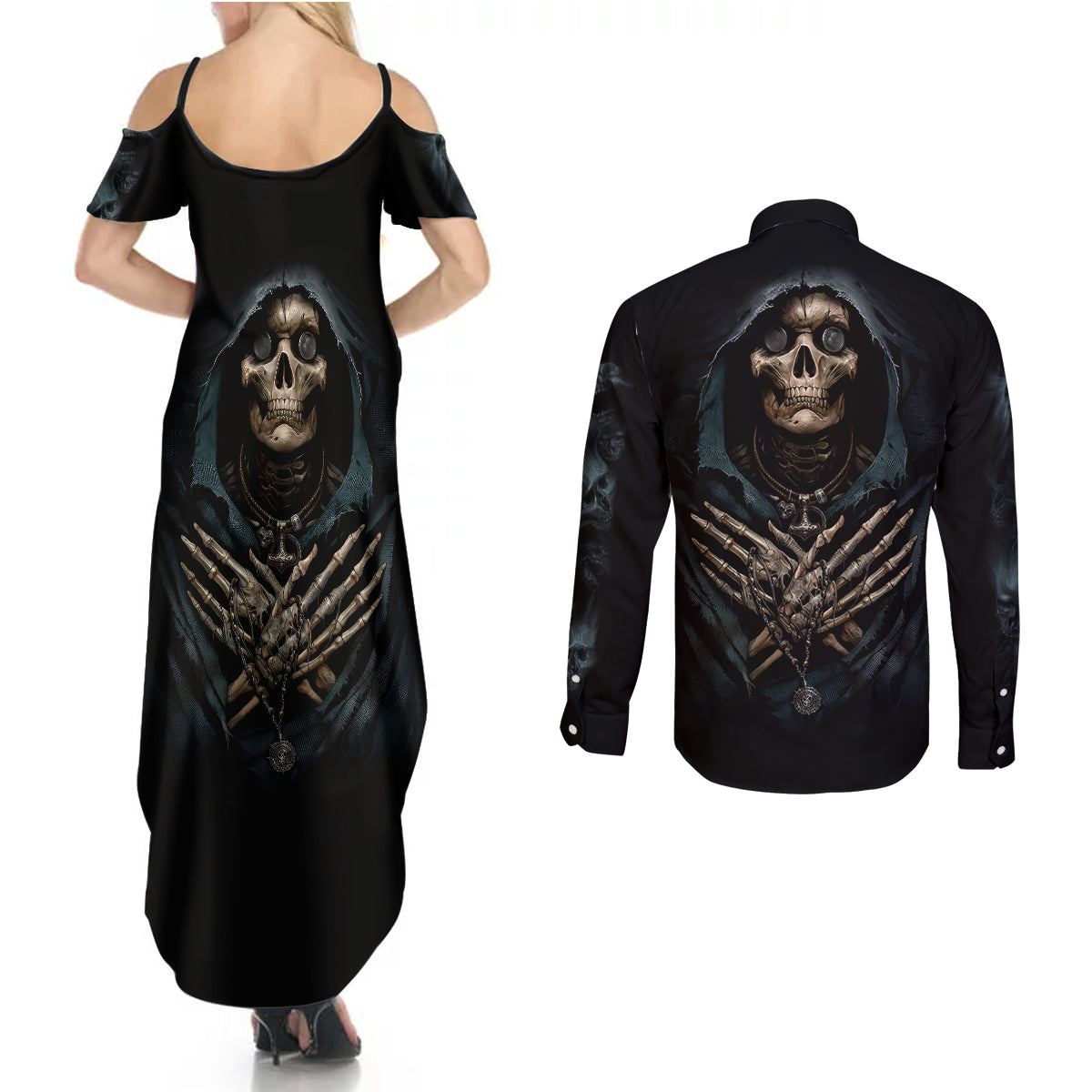 grim-reaper-couples-matching-summer-maxi-dress-and-long-sleeve-button-shirts-the-ferryman-of-the-underworld-with-charon-skull-black