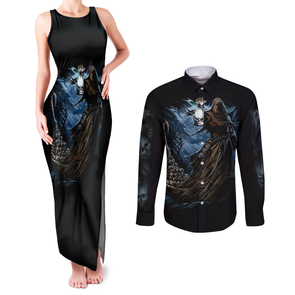 grim-reaper-couples-matching-tank-maxi-dress-and-long-sleeve-button-shirts-the-ferryman-of-the-underworld-with-charon-skull-black