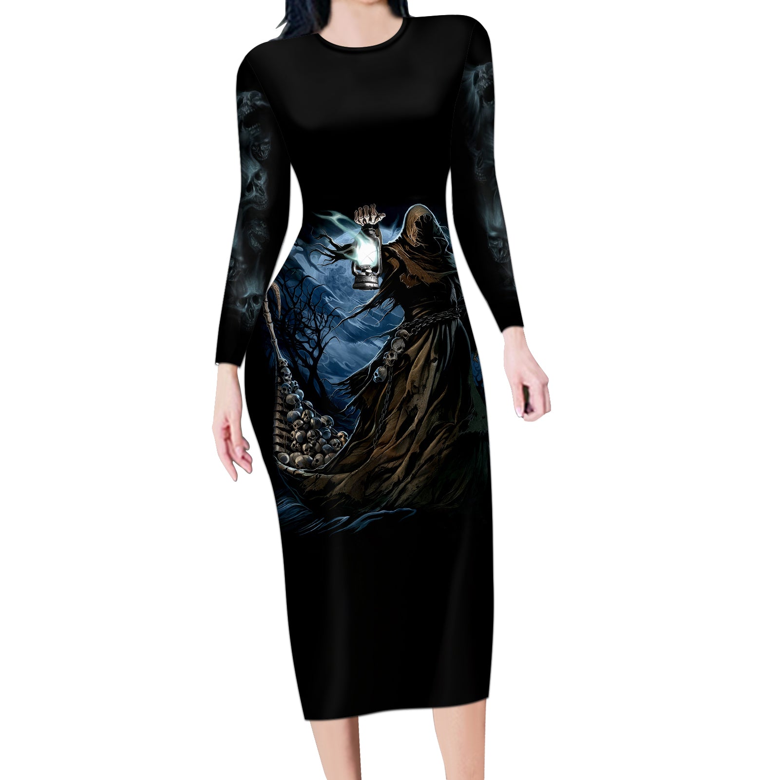 grim-reaper-long-sleeve-bodycon-dress-the-ferryman-of-the-underworld-with-charon-skull-black