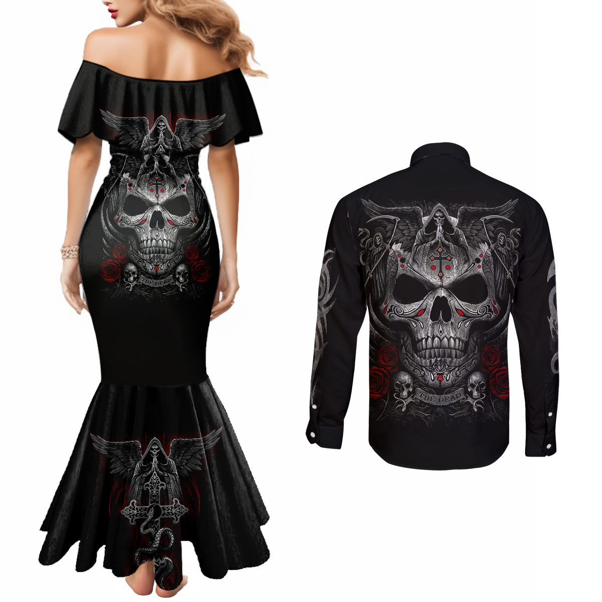 skull-couples-matching-mermaid-dress-and-long-sleeve-button-shirts-cross-snake-bloody-skull