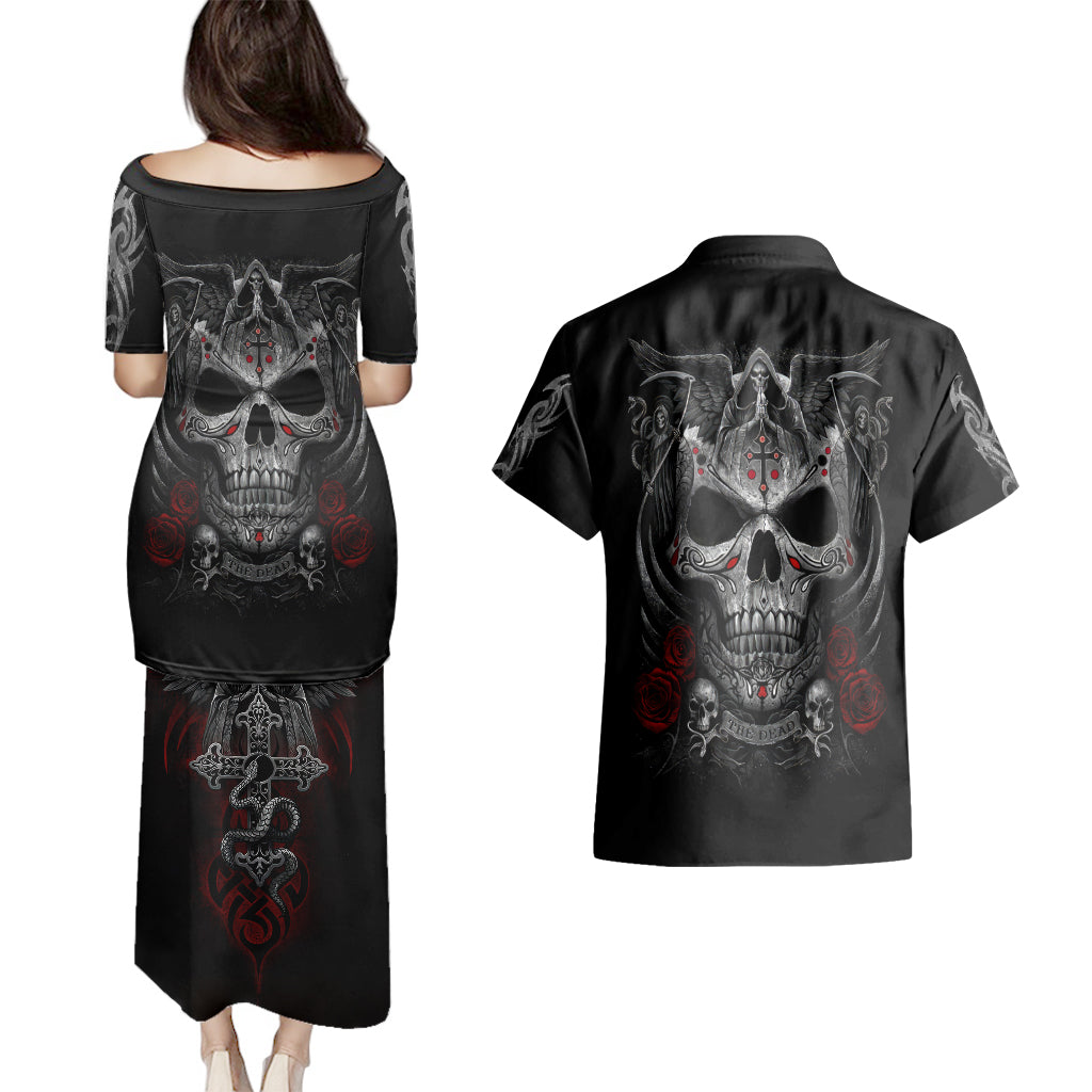 skull-couples-matching-puletasi-dress-and-hawaiian-shirt-cross-snake-bloody-skull