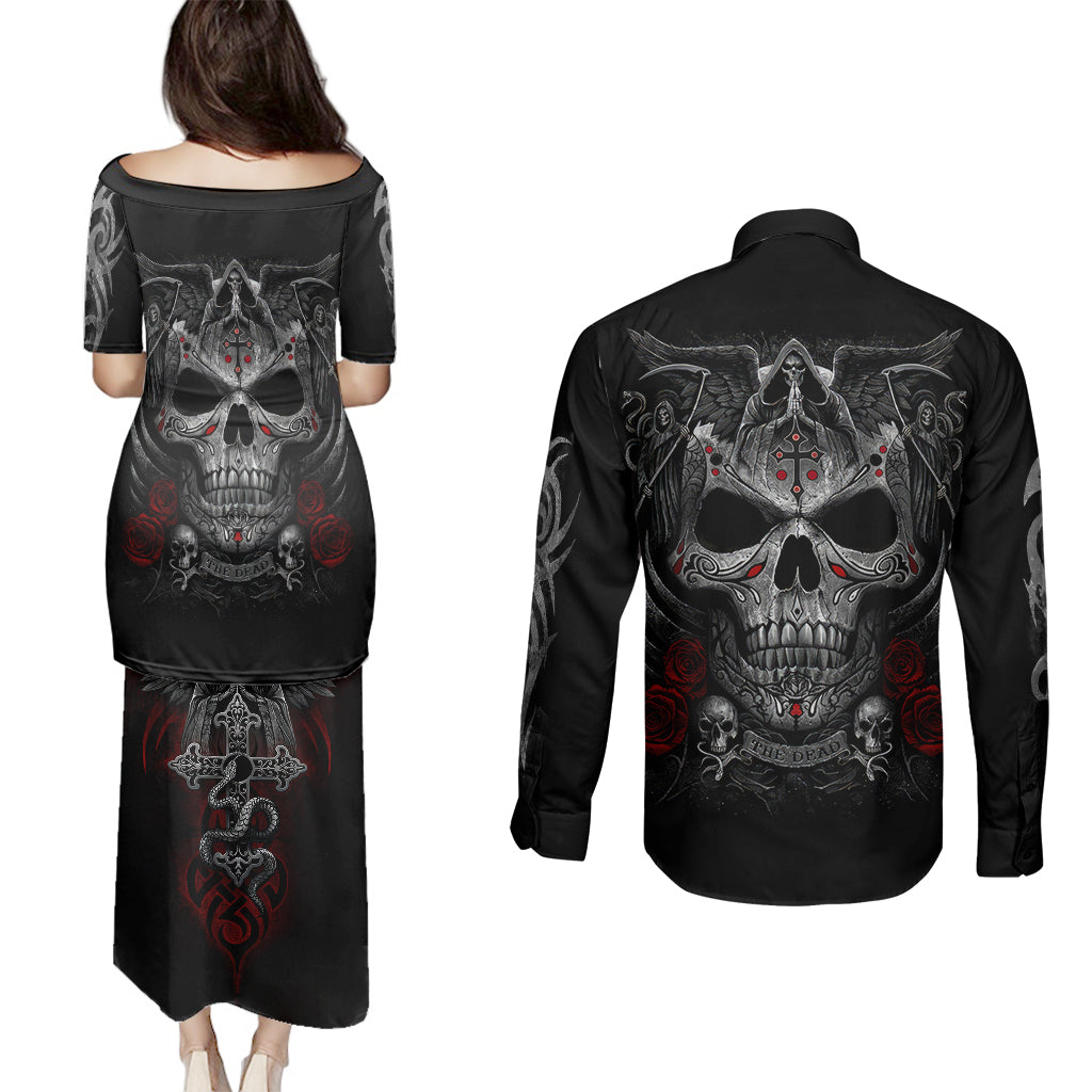 skull-couples-matching-puletasi-dress-and-long-sleeve-button-shirts-cross-snake-bloody-skull