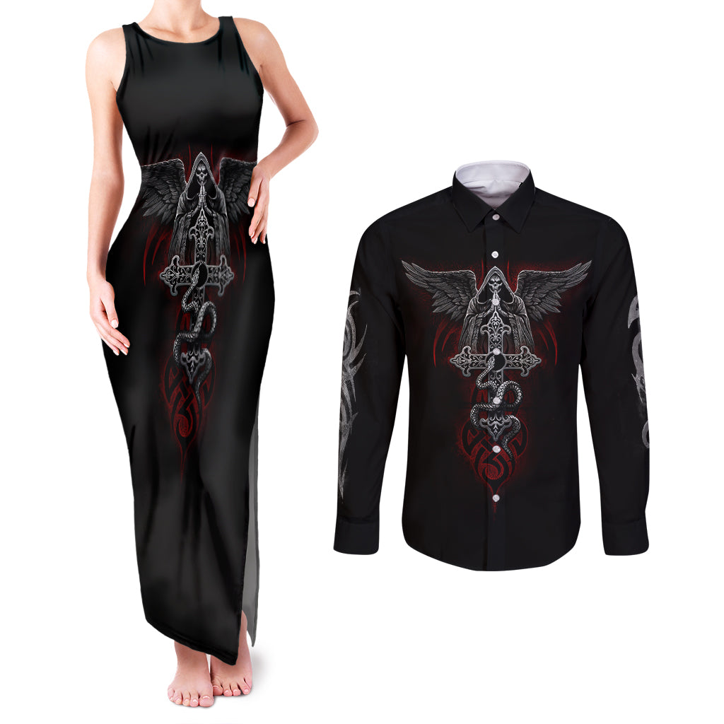 skull-couples-matching-tank-maxi-dress-and-long-sleeve-button-shirts-cross-snake-bloody-skull