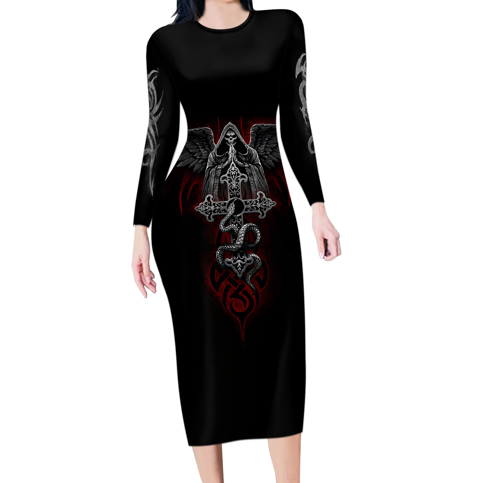 skull-long-sleeve-bodycon-dress-cross-snake-bloody-skull