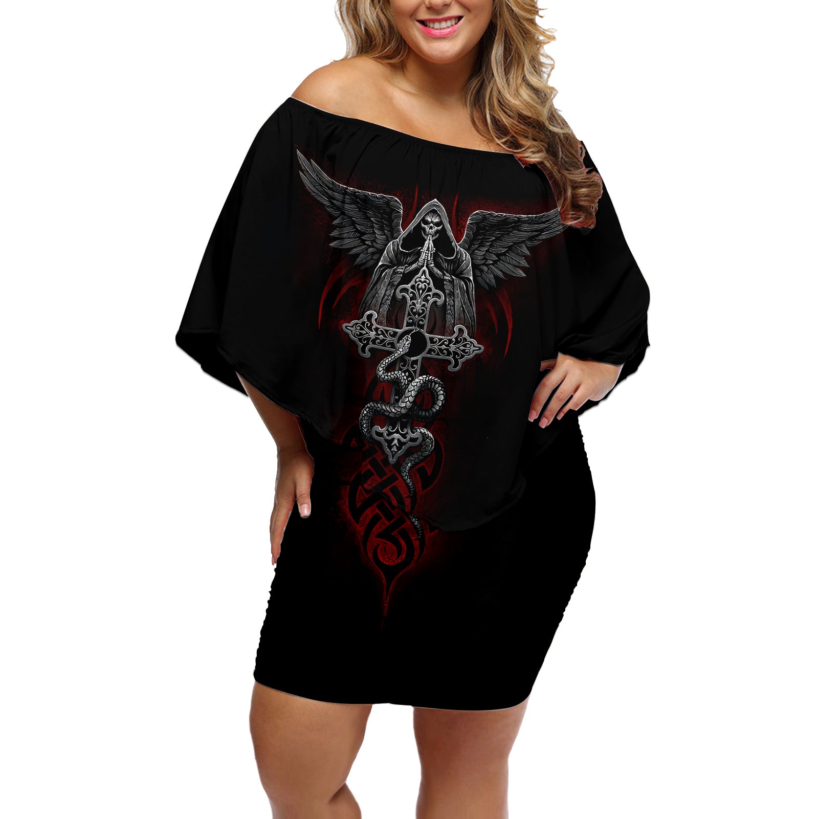 skull-off-shoulder-short-dress-cross-snake-bloody-skull