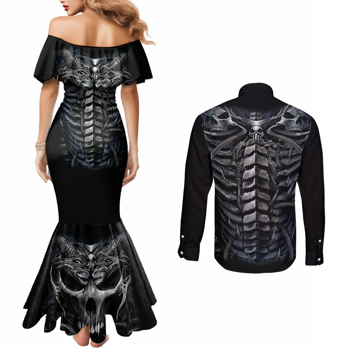 skull-couples-matching-mermaid-dress-and-long-sleeve-button-shirts-skeleton-inside