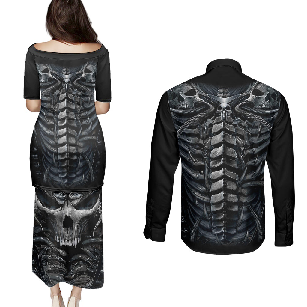 skull-couples-matching-puletasi-dress-and-long-sleeve-button-shirts-skeleton-inside