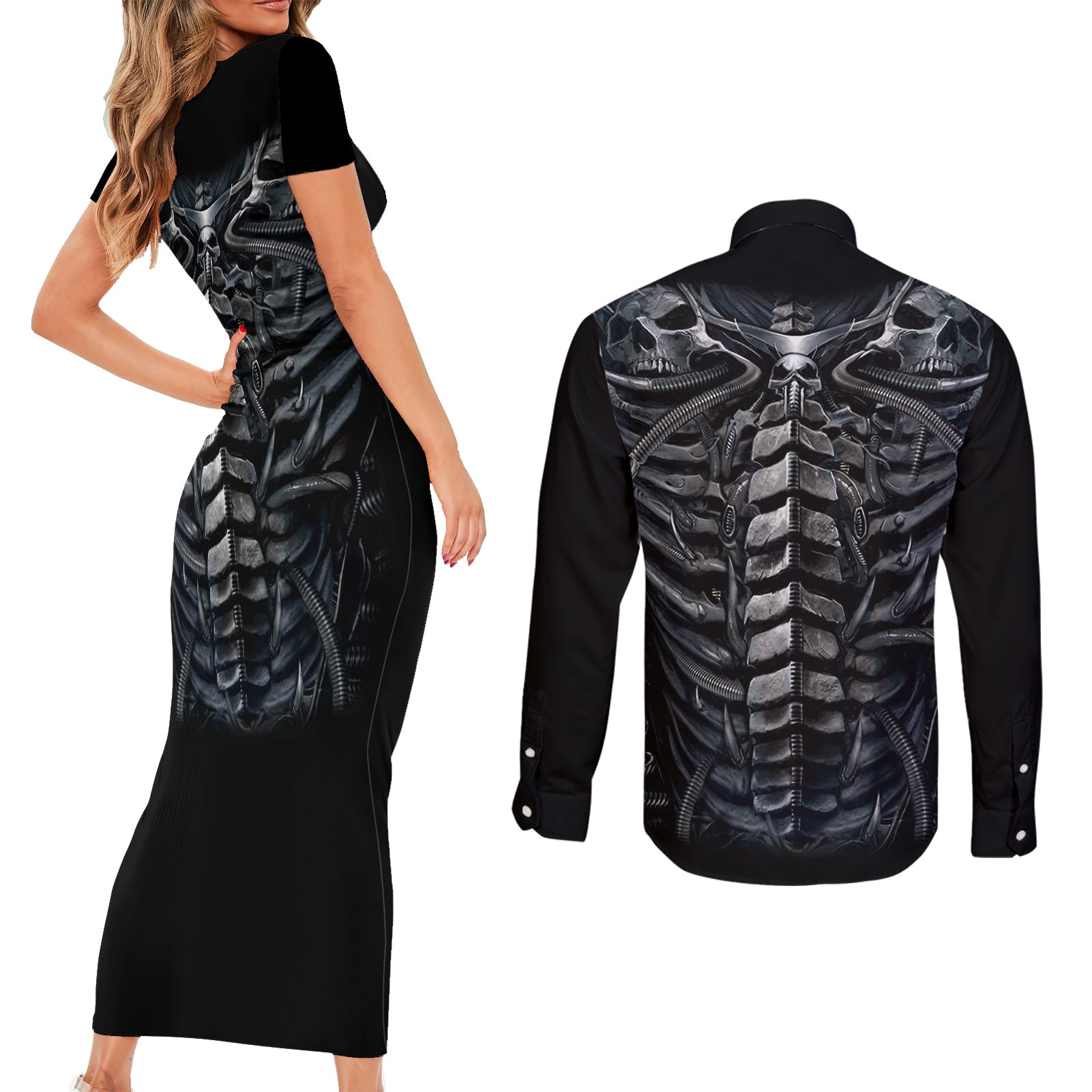 skull-couples-matching-short-sleeve-bodycon-dress-and-long-sleeve-button-shirts-skeleton-inside