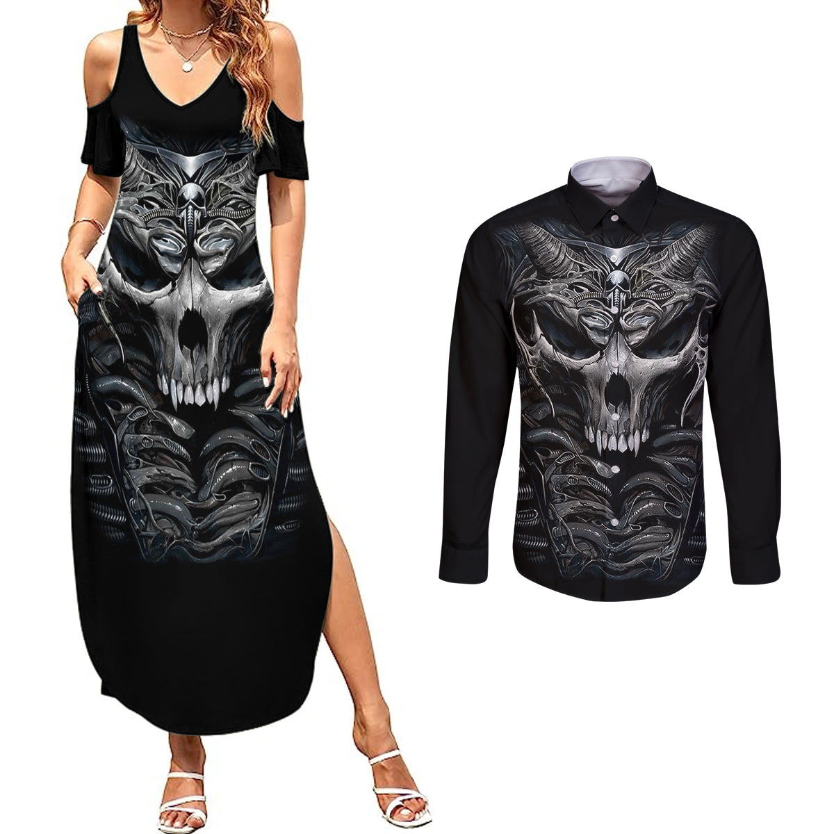 skull-couples-matching-summer-maxi-dress-and-long-sleeve-button-shirts-skeleton-inside