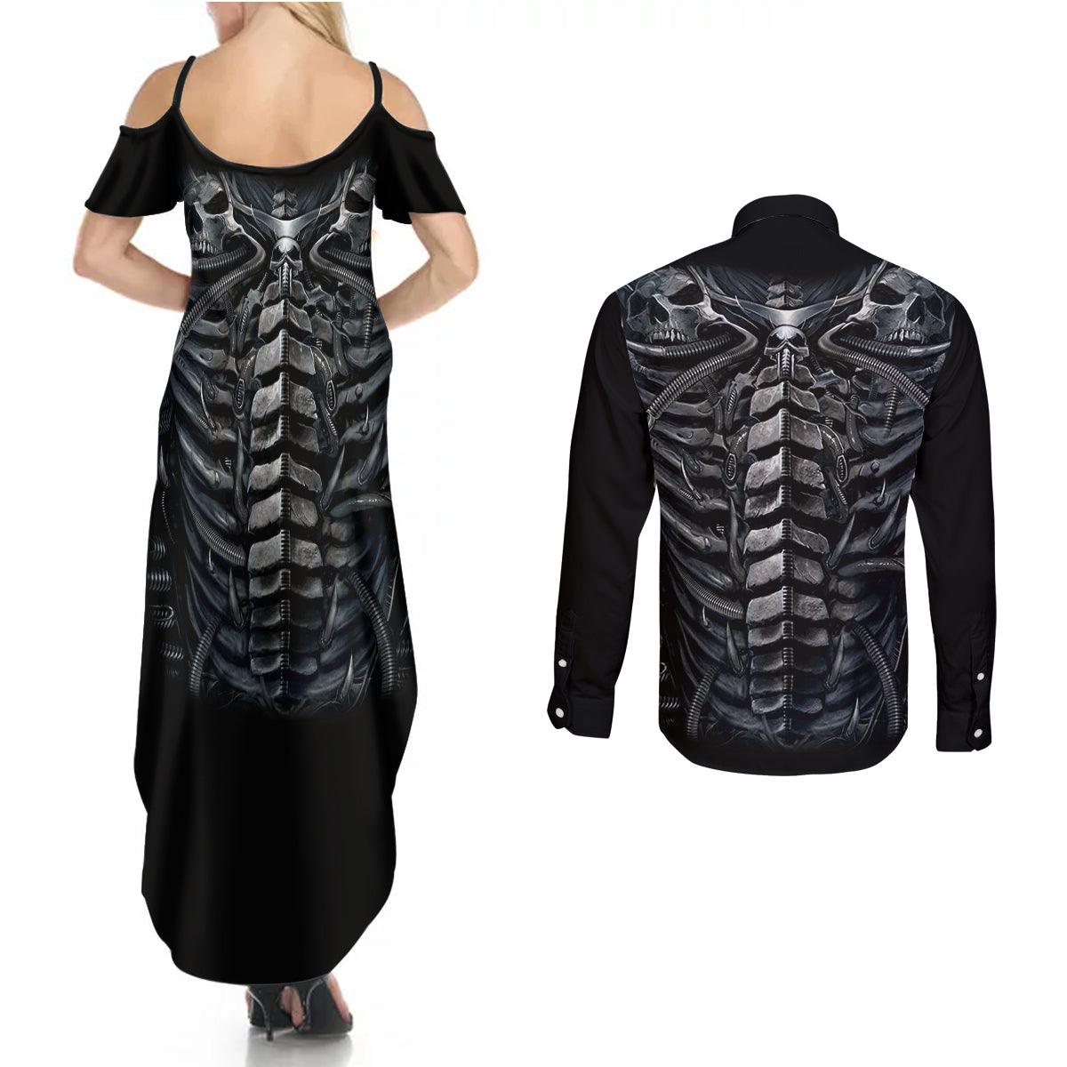 skull-couples-matching-summer-maxi-dress-and-long-sleeve-button-shirts-skeleton-inside
